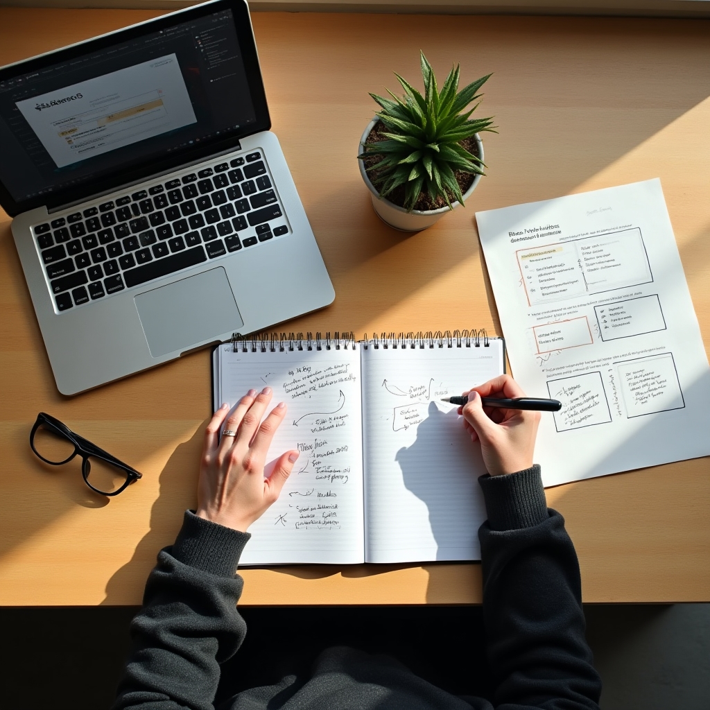Antreprenor pregătind notițe pentru structura pitch-ului